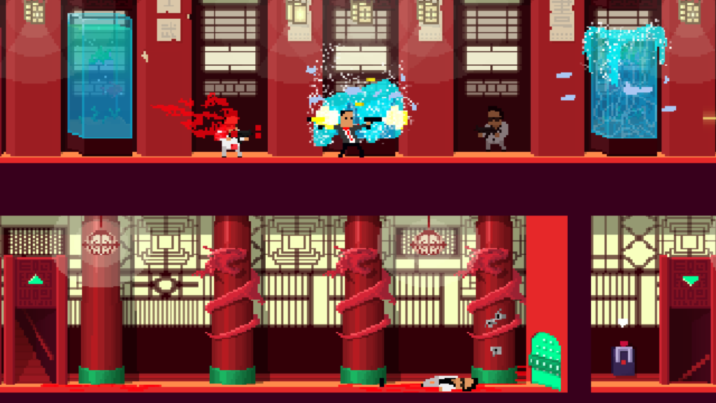 An Asian themed building, interior shoot-out in Not A Hero Super Snazzy Edition